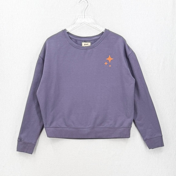 Pact Tops - PACT Crew Neck Sweater Womens Large Purple Moon Start Print Cozy Casual Organic